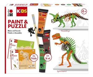 Marabu 0305000000110 - Kids Little Artist Set Dinos, boîte de Peinture et de Puzzle avec 2 Figures d'animaux, 3 x 36 ML de Peinture, végétalien, pour Enfants à partir de 4 Ans