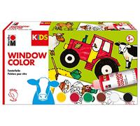 Marabu 0306000000010 Kids Window Color Lot de 6 feutres de 80 ml de peinture, avec un modèle de coloriage au format A3 doté de 25 motifs de fermiers et film A4, pour fenêtre, à base d'eau, conviennent au verre, miroir, carreaux et film