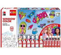 Marabu 0306000000101 - KiDS Window Color Party Kit, 6 x 80 ml et 6 x 25 ml, 10 films et 4 modèles de coloriage, peinture à base d'eau pour fenêtre