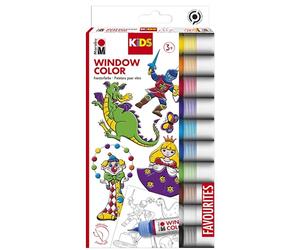 Marabu 030600000100 Kids Window Color Set de 10 x 25 ml de peinture et modèle de coloriage A4 avec 18 motifs, pour fenêtre à base d'eau, convient pour verre, miroir, carrelage et film
