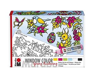Marabu 0406000013909 - Window Color Fun & Fancy Spring Awakening - Peinture de fenêtre à Base d'eau - 6 stylos de 25 ML de Peinture, 2 Films de Peinture A5 et A3