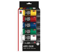 Marabu 1201000000080 - Lot de 6 flacons de peinture acrylique 80 ml en jaune moyen, rouge carmin, bleu moyen, vert jus, blanc et noir, peinture acrylique crémeuse satinée à base d'eau, séchage rapide