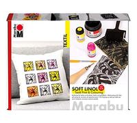 Marabu 1703000000081 Kit de coloriage et Impression en linol Doux pour Textiles avec Plaque d'impression Douce, Outil de découpe avec Lames, Rouleau en Mousse, Pinceau, Encre d'impression 100 ML et 2