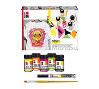 Marabu 171100000080 Lot de 4 tubes de 15 ml de couleur fluorescente pour textiles clairs, brille à la lumière noire, 4 x 15 ml de peinture textile, peinture textile et pinceau