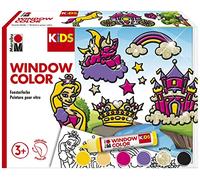 Marabu 30600005 - Kit de Peinture pour fenêtre Kids 'Princesse', 6 peintures pour fenêtre à Base d'eau de 25 ML, 2 pochoirs A3 et A4, 30 Motifs, pour Les Enfants à partir de 3 Ans.