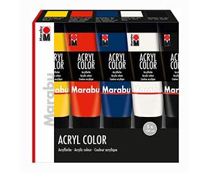 Marabu Acryl Color, assortiment "Basic", 5 x 100 ml - Peintures acryliques (assortiment "Basic", 5 x 100 ml, Noir, Bleu, Rouge, Blanc, Jaune, Multicolore, Matte, 100 ml, Tube, Boîte en carton)