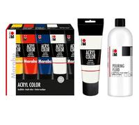 Marabu Acryl Color Pouring Kit de démarrage 225 ml blanc et 5 x 100 ml de peinture acrylique avec fluide de pouring de 750 ml pour applications de coulée et techniques d'écoulement
