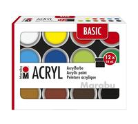 Marabu Acrylics Set BASIC, 12 x 18 ml couleurs satinées, facile à peindre, séchage rapide, résistant à la lumière, résistant aux intempéries, 1210000000214