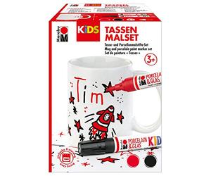 Marabu KiDS 0125000000102 - KiDS Porcelain & Glas Painter, Set de coloriage Tim pour garçon avec une tasse blanche et 2 crayons de peinture en porcelaine rouge et noir