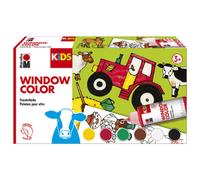 Marabu 0306000000010 Kids Window Color Lot de 6 feutres de 80 ml de peinture, avec un modèle de coloriage au format A3 doté de 25 motifs de fermiers et film A4, pour fenêtre, à base d'eau, conviennent au verre, miroir, carreaux et film