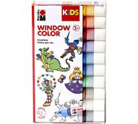 Marabu 030600000100 Kids Window Color Set de 10 x 25 ml de peinture et modèle de coloriage A4 avec 18 motifs, pour fenêtre à base d'eau, convient pour verre, miroir, carrelage et film