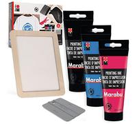 Marabu Kit de sérigraphie - Kit de sérigraphie avec Cadre de sérigraphie en Bois réutilisable, 1 raclette de sérigraphie et 3 encres de sérigraphie de 100 ML - Kit de sérigraphie pour débutants