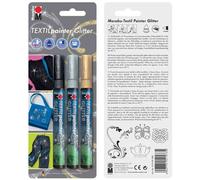 Marabu Marqueurs textile – blister de 3 Noir, Argent et Or pailletés