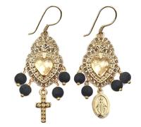 MARARDI Boucles d'Oreilles Femme Italiennes en Or avec Lave Volcanique [Cuore Dolce Nero] Long Handmade Bijoux Italiens Original Élégant pour Quotidien Mariages Evénements Occasions Spéciales