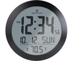 Marathon Miami-Horloge Murale numérique Ronde silencieuse-Thermomètre intégrée-Fixation Murale ou Support Bureau-Grand Affichage-Affichage du Calendrier- Grands Chiffres-Noir-Piles incluses
