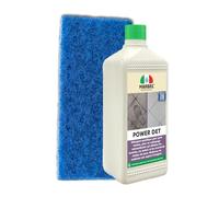 MARBEC POWER DET 1LT + TAMPONE BLU Détachant et détartrant pour sols en grès cérame. Élimine saleté, halos et taches persistantes, renouvelant l'apparence du grès.