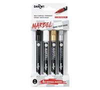 MARBEL - Un Set de 4 Marqueurs Universels Pointe Pointue Extra-Fine 0,7mm Assortis Blanc - Or - Argent - Noir - Assortiment Basic - Peinture Acrylique - DA0223001K01C