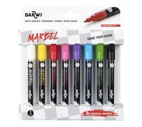 MARBEL - Un Set de 8 Marqueurs Universels Pointe Conique Fine 2mm Assortis Blanc, Jaune soleil, Coquelicot, Rose, Violet, Bleu, Vert sauterelle et Noir- Asst. Vif - Peinture acrylique - DA0223002K01C
