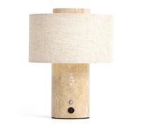 Marble Table Lamp, Rechargeable Cordless Bedside Lamp with Touch Control & Stepless Dimming, Linen Shade Decorative Lamp for Bedroom, Living Room, Nightstand & Bookshelf, Dark Brown(Travertine)