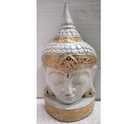 Marblechic - Tête de Bouddha en bois décorée et peinte à la main 40h cm Blanc Or