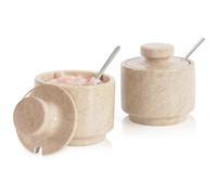 MARBLOUS KRAFTS Verona Stone Lot de 2 boîtes à sel en marbre pour comptoir de cuisine, bonbons avec couvercles et cuillères 7,6 cm
