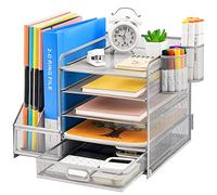 Marbrasse Organisateur de Bureau Avec Porte Documents, 5 Niveaux Compartiments Étagère Lettres, Tiroir 2 Porte Stylos, Accessoires Maille (Argenté)