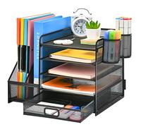 Marbrasse Organisateur de Bureau avec Porte-Documents,5 Niveaux - Porte-Lettres avec Tiroir et 2 Porte-Stylos - Compartiments de Rangement en Maille pour Fournitures de Bureau(Noir-Old)