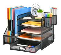 Marbrasse Organisateur de Bureau avec Porte-Documents,5 Niveaux - Porte-Lettres avec Tiroir et 2 Porte-Stylos - Compartiments de Rangement en Maille pour Fournitures de Bureau(Noir)