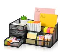 Marbrasse Organiseur de Bureau en Maille avec Tiroirs,Organisateurs de Bureau Multifonctions 6 Compartiments + 2 Tiroirs,Organisation de Accessoires (Noir)