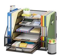 Marbrasse Rangement de Bureau à 5 Niveaux avec Tiroir,2 Porte-Stylos,Organiseur Maille pour Fournitures de Bureau à Domicile(Noir Support de Livre sur Double Côté)