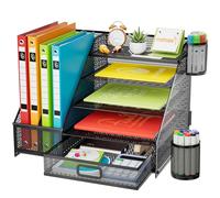 Marbrasse Rangement de Bureau à 5 Niveaux avec Tiroir, 2 Porte-Stylos,Organiseur Maille pour Fournitures de Bureau à Domicile (Noir Support de Livre sur Un Côté)