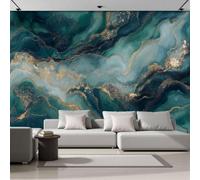 Marbre Fluide Feuille D'Or Photo Papier Peint 300X210Cm Vagues De Marbre De Luxe Vert Émeraude Papier Peint Panoramique Poster Geant Mural Fresque Murale Intissé Salon Chambre D'Enfant Fond Tv Décor