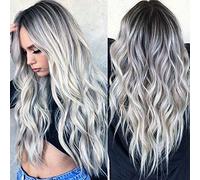 MARBRE Longue perruque argentée longue perruque bouclée vague de corps perruque femme synthétique perruque perruque argentée perruque bouclée perruque de cheveux, 29 pouces