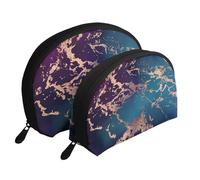 Marbre Luxe Décor Violet Foncé Et Sarcelle avec Or, Trousse de Maquillage Coquille Femme Petit Porte-Monnaie Trousse de Toilette Trousse à cosmétiques 2 pièces