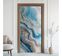 Marbre Luxe Nordique Effet 3D Sticker Porte, Vagues Océan Abstraite Papier Autocollant Porte Mural Décoration, Granit Bleu Stickers Muraux Amovible PVC 95x215 cm