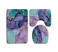 Marbré Violet, Roses Turquoise, Abstrait,Moderne,Texture,Rayures Dorées,Ombré, Luxe,Aquarelle, Géométrique Carpettes De Toilette 3Pcs, Tapis De Bain Décoratif Housse D'Abattant
