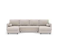 Marceau - Canapé panoramique en U 7 places convertible avec 2 coffres en velours côtelé - Beige