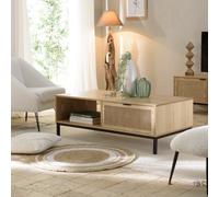 Marceau - table basse bois 1 niche 2 tiroirs cannage pieds noir