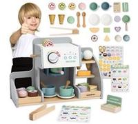Marchande Bois Grande Glacière avec Tableau Magnétique, Machine à Café, Set de Glaces et de Desserts, +70 pièces