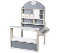 roba Marchande Enfant en Bois - 6 Compartiments, 3 Tiroirs et Petit Placard - 2 Comptoirs et Horloge à Aiguilles Mobiles - Hauteur 113 cm - Blanc / Gris