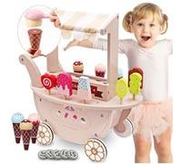 Mamabrum Salon de Glace en Bois sur Roues pour Enfants 3+, Chariot à Glace en Bois avec Accessoires, Ensemble de Jeu de Salon de Glace, Jouet éducatif pour Tout-Petit
