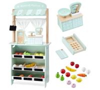 Marchande Enfant & Théâtre en Bois 97*48*24 cm Mamabrum - 2EN1 Grand Stand Vendeur - Caisse, Balance Fruits & Légumes Vert Pastel