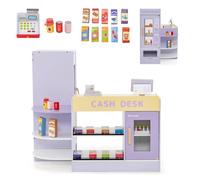CostwayEnsemble de Jeu de Supermarché en Bois Autoportant pour Enfants Tableau Noir Caisse Enregistreuse Distributeur Automatique pour 3 à 8 Ans Violet