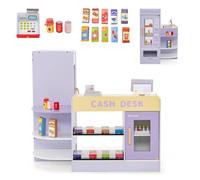 CostwayEnsemble de Jeu de Supermarché en Bois Autoportant pour Enfants Tableau Noir Caisse Enregistreuse Distributeur Automatique pour 3 à 8 Ans Violet