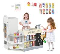 CostwayEnsemble de Jeu de Supermarché en Bois Autoportant pour Enfants Tableau Noir Caisse Enregistreuse Distributeur Automatique pour 3 à 8 Ans Vert