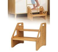Marchepied à 2 niveaux en bambou réglable en hauteur pour tout-petit, capacité de 136 kg, surface antidérapante et poignées portables, facile à déplacer pour évier, cuisine, salle de bain, chambre à