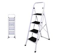 Marchepied Échelle 4 Marches, Multifonctions Escabeau Antidérapante Pliante avec poignée, Capacité de 150 KG, Blanc et Noir