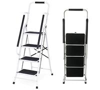 Marchepied Echelle Pliable, Escabeau 4 Marches Pliant avec 2 Rampes de Sécurité & Garde-Corps Charge max. 150Kg Pour Cuisine Bureau Utilisation