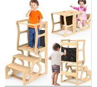 Marchepied Enfant 1.5 Ans -MIPAN- Tour d'apprentissage pour Enfants avec Tableau Noir + Tabouret + Rambarde de Sécurité - Style 1