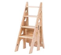 Marchepied Pliable 3 en 1, Chaise Échelle Convertible en Bois, Tabouret Multifonction Portable 4 Marches pour La Maison Et La Bibliothèque, Support pour Pot De Fleurs, Bl-Wood-47x35x90CM
